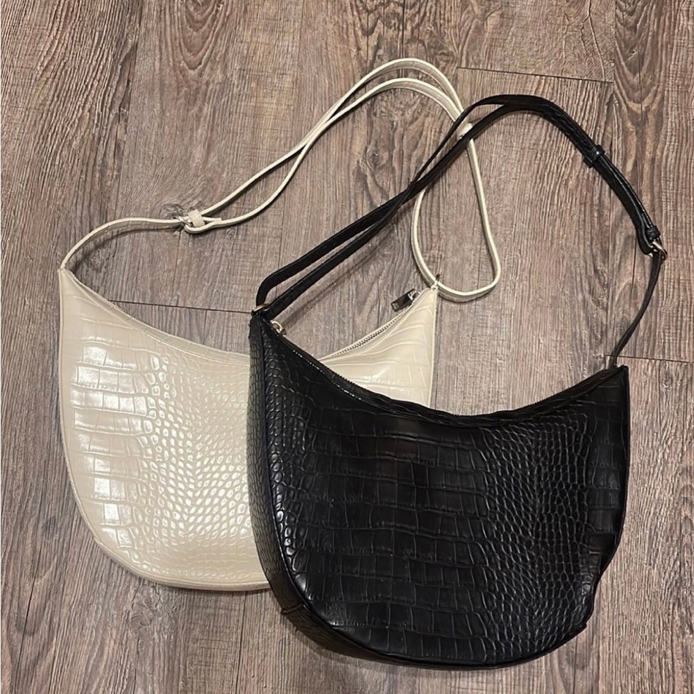 Croc-Embossed Black and Cream Shoulder Bag